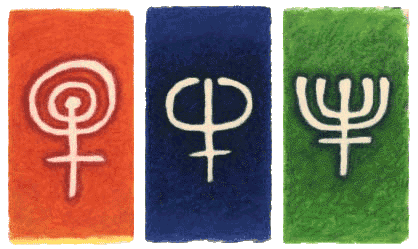 three coloured images in red, green and blue