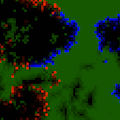 cellular automata in red and blue on a green background