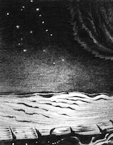 an intense pencil drawing of a surreal desert-like landscape by night small drawing