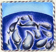 Stylised blue fishes with big eyes swim about, the image is surrounded by a rope frame Stylised colour drawing of fishes by Peta Blackwell
